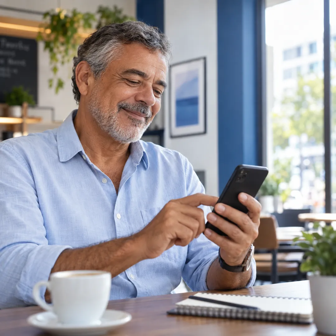 Homem usando o celular com naturalidade em um café